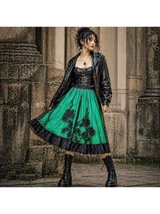 Anthropologie Lithe Dresses & Skirts - Anthropologie Womens Sz 0 Green Midi Skirt Black Tulle Whimsigoth Fairy Grunge